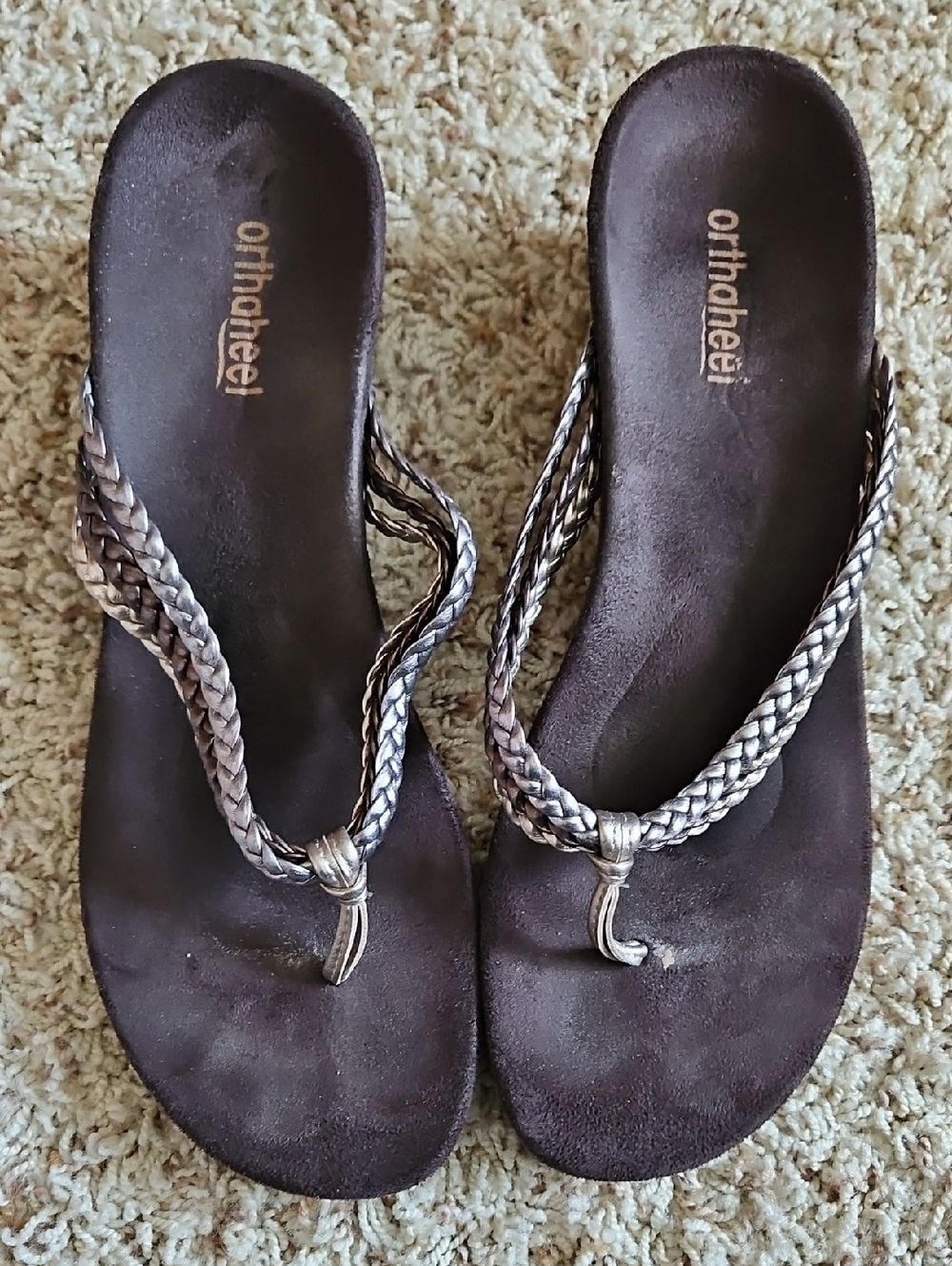 Braided Thong Sandals in Brown with Metallic Straps